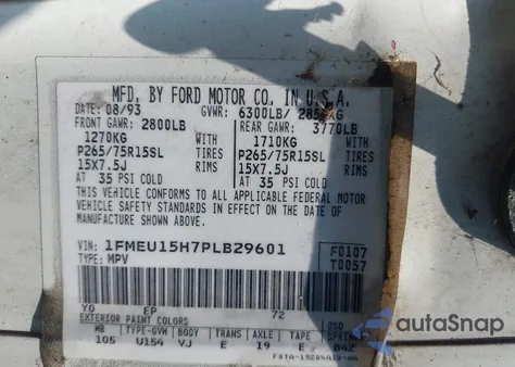 1993 Ford Bronco U100 из США, поврежденный, VIN 1FMEU15H7PLB29601